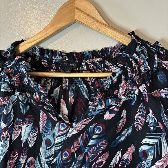 Talbots Feathers Blouse Smocked Neckline Long Sleeve Black Top Sz Large - Picture 3 of 9
